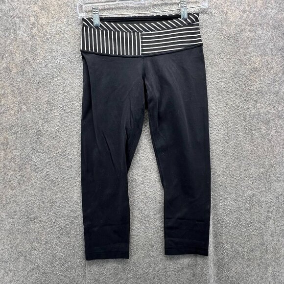 Lululemon Leggings Women 4 Black White Wunder Under Crop Waistband Full-On Capri - Picture 1 of 10